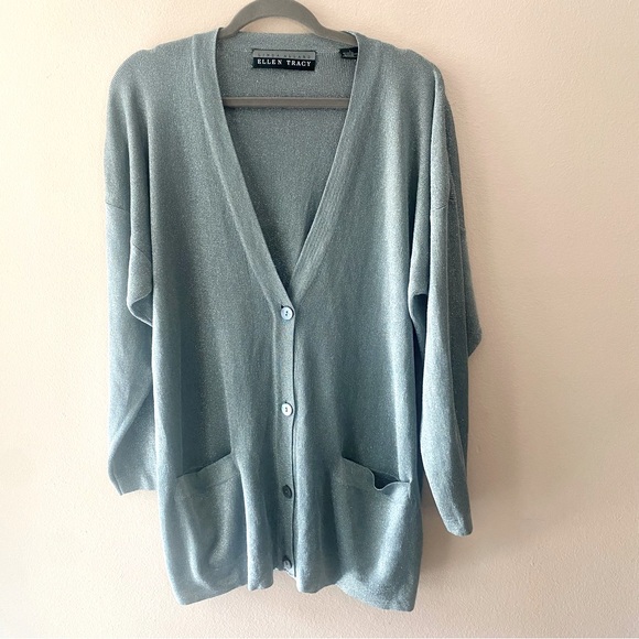 LINDA ALLARD ELLEN TRACY SILVER METALLIC LONG SLEEVE BUTTON DOWN CARDIGAN SIZE L - Picture 1 of 4